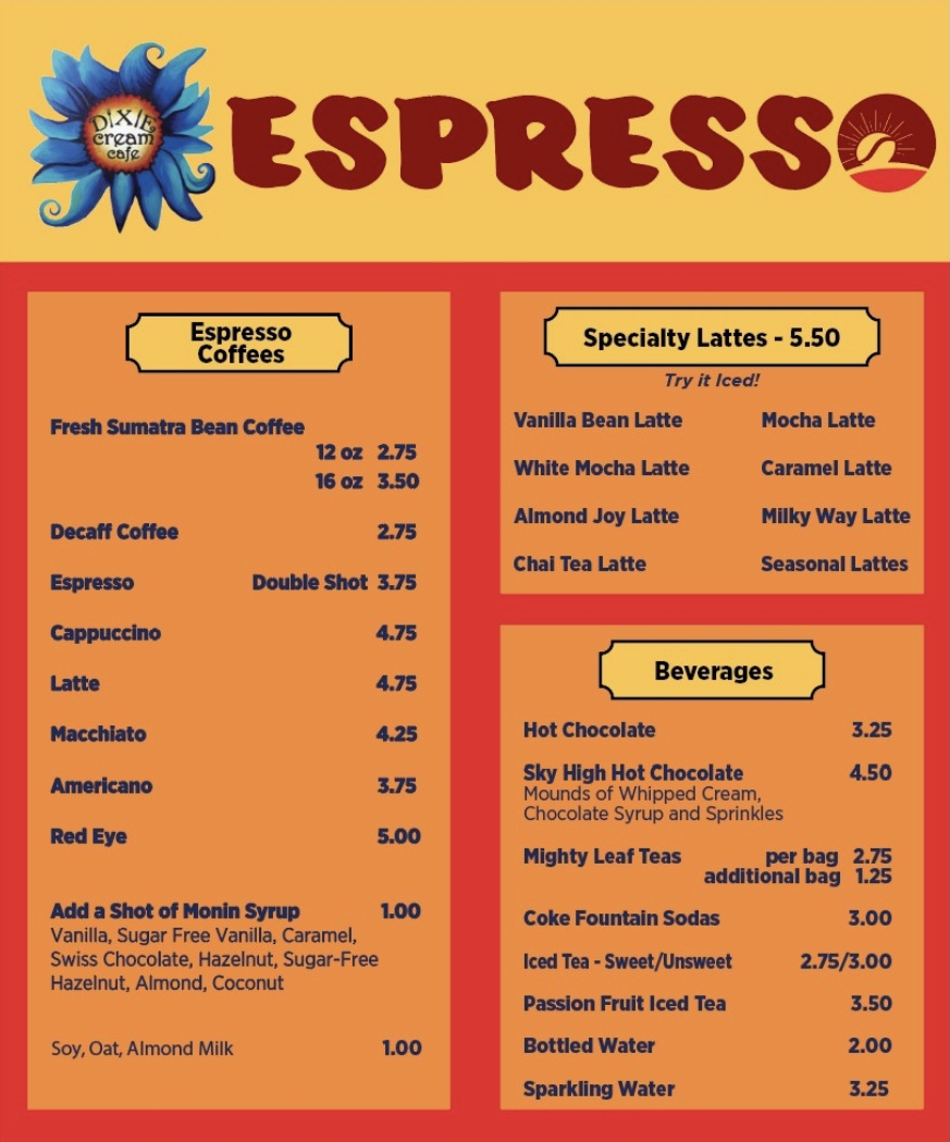Dixie Cream Espresso menu