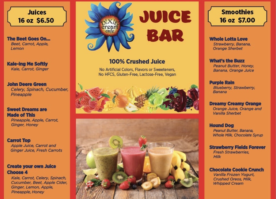 Dixie Cream Juice Bar menu - juices and smoothies