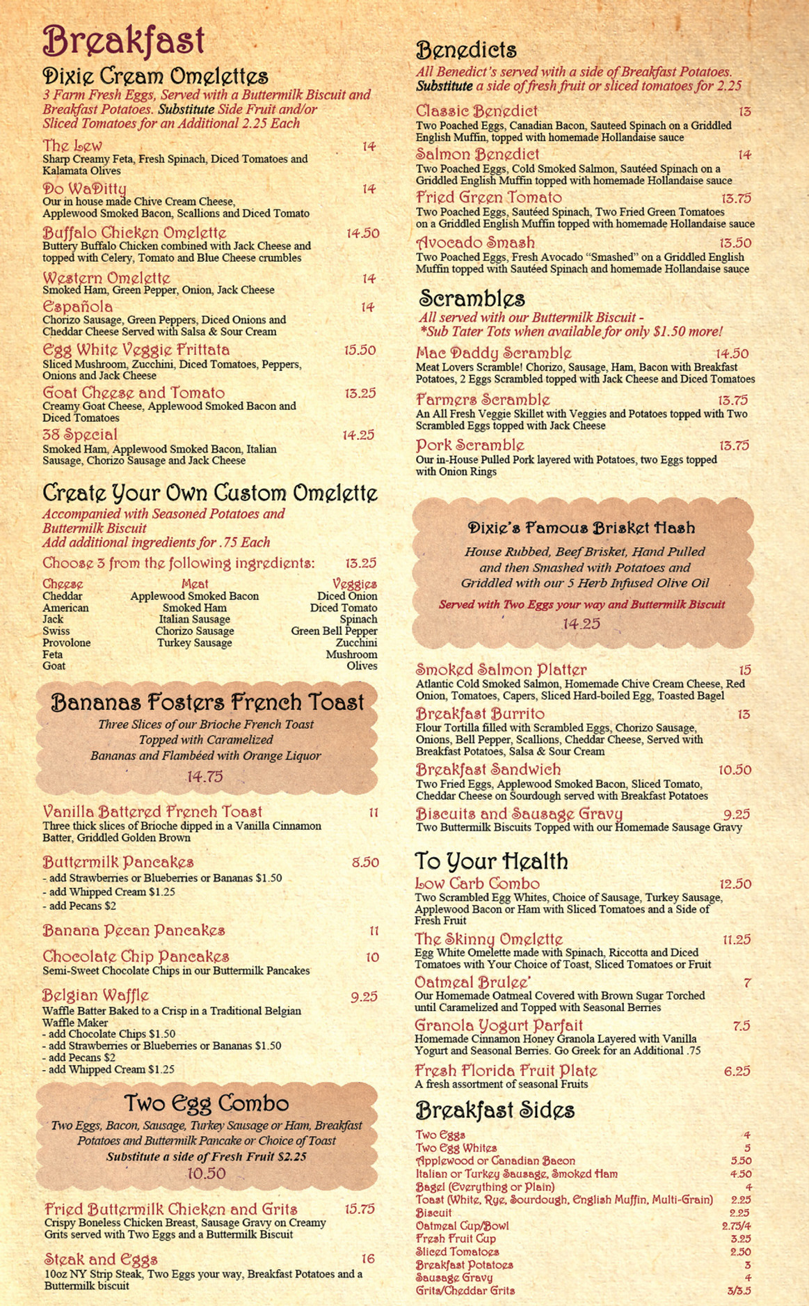 Dixie Cream Cafe breakfast menu - omelets, griddle, combos