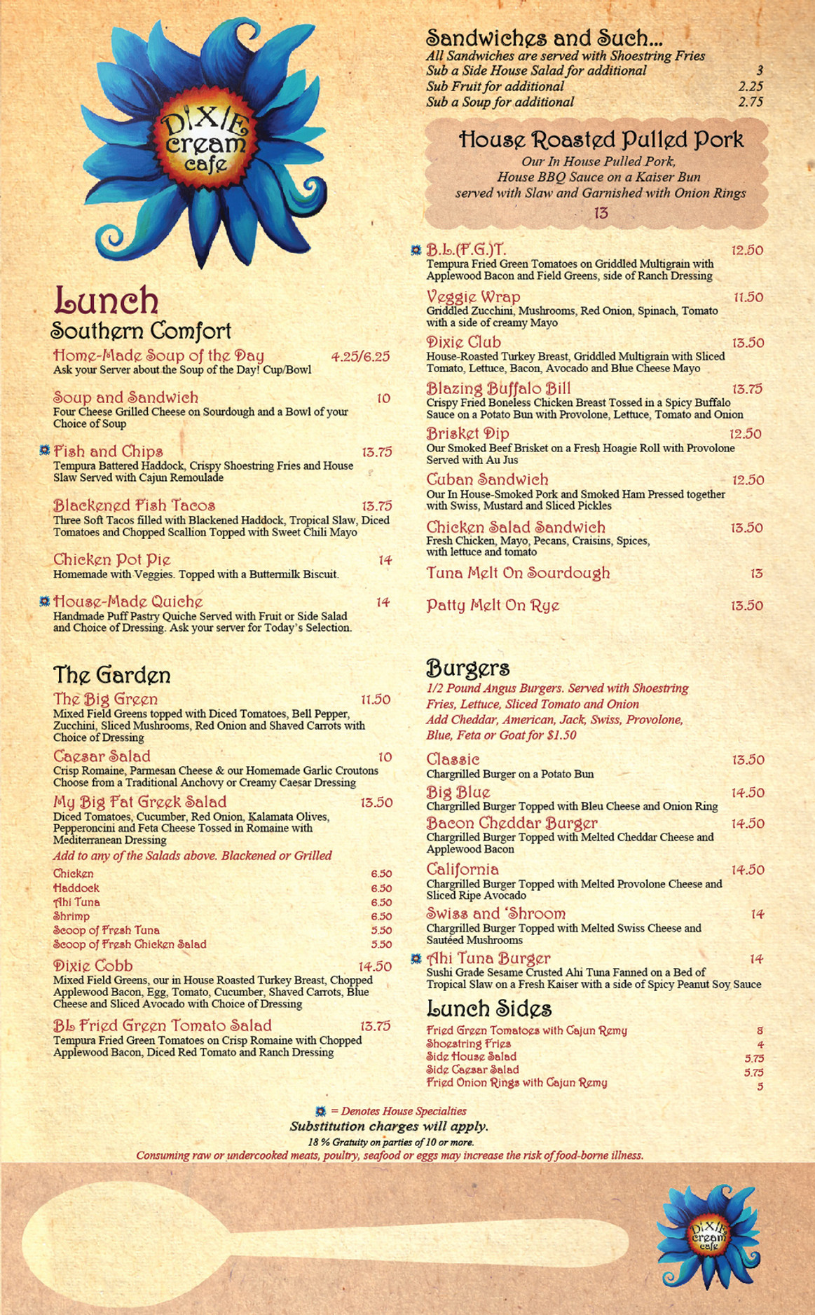 Dixie Cream Cafe lunch menu - sandwiches, salads, burgers