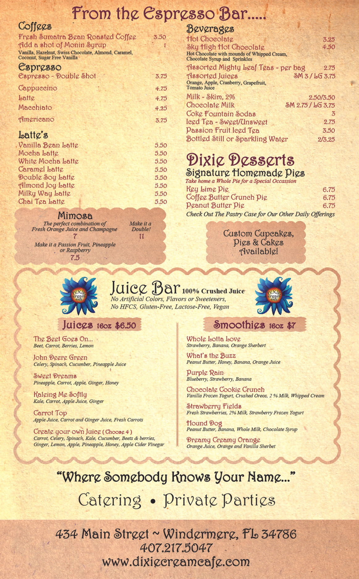 Dixie Cream Cafe espresso bar, beverages, desserts